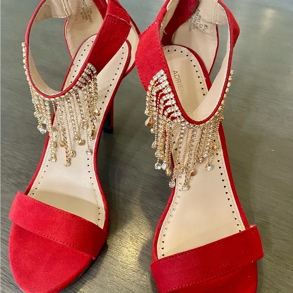Adrienne Vittadini Gala Dress High Heels Women's Red Rhinestone Fringe Zipper